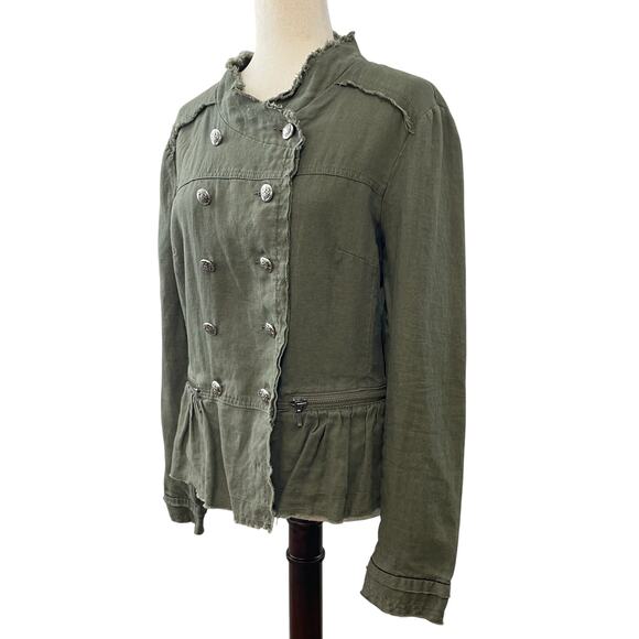 International Concepts INC Military Style Jacket 100% Linen Button Up Green Sz L - Picture 1 of 15